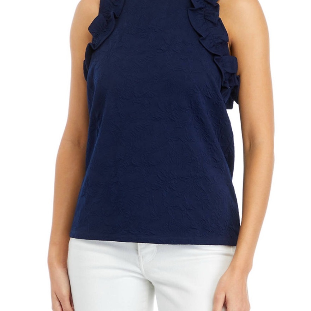 CROWN & IVY Navy Sleeveless Ruffle Top
